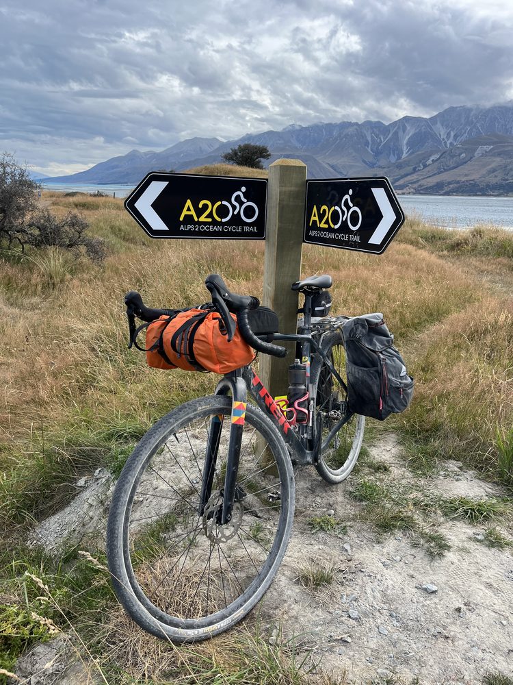 Bikepacking gear loaded on a gravel bike on the Alps 2 Ocean cycle trail, 2025