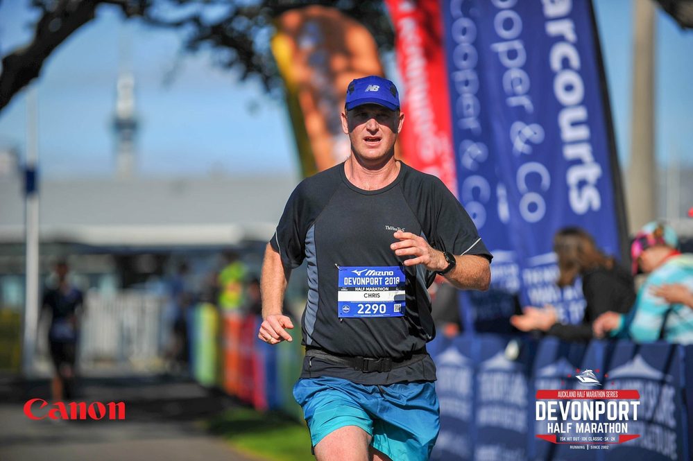 Chris van der Leer running the Auckland half marathon, 2018